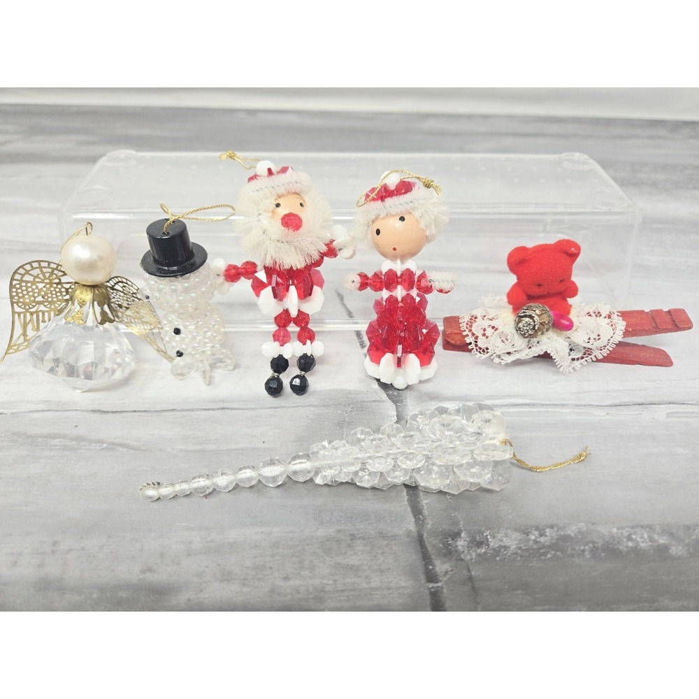 Vintage Safety Pin Ornaments Beaded Handmade Christmas Santa Mrs Claus 1960's